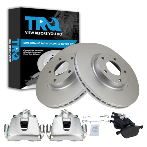 TRQ Front Brake Pad & Rotor Kit Brake Caliper Brake Pads Brake Rotor Semi-Metallic Vented Premium G-Coated Compatible with 2004-2007 Mazda 3 2006-2007 5