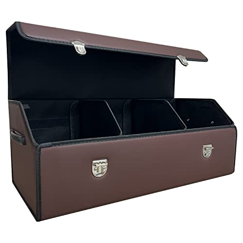 Trunk Organizer for Car With Lid,Foldable Trunk Organizer for SUVs & Sedans,Multi-Functional Leather Storage Box- Brown - Large