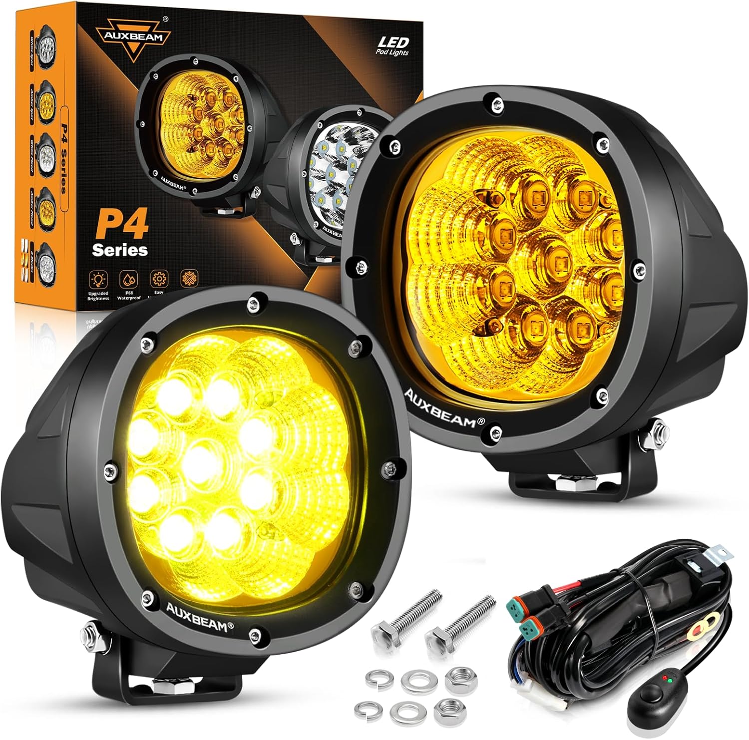 Auxbeam 4 Inch Amber Round LED Driving Light, 2PCS 90W 9000LM Yellow Fog Pods Light Bar Off-Road Flood Work Energy-Efficient Lights with DT Plug Wiring Harness Kit for Truck Jeep Pickup ATV UTV SUV