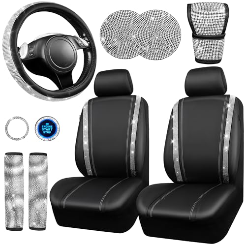 CAR PASS Bling Diamond Leather Car Seat Covers Sets 11 pcs,Bling Diamond Car Accessories for Women, Sparkly Rhinestone Steering Wheel Cover, Glitter Cute car Interior Sets for Women Girl,Silver