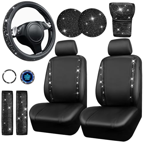 CAR PASS Bling Diamond Leather Car Seat Covers 11 PCS, Sparkly Rhinestone Steering Wheel Cover Glitter Cute Interior Car Accessories Sets Seat Belt Cushion Cup Holder Coaster Women Girl, Black Diamond