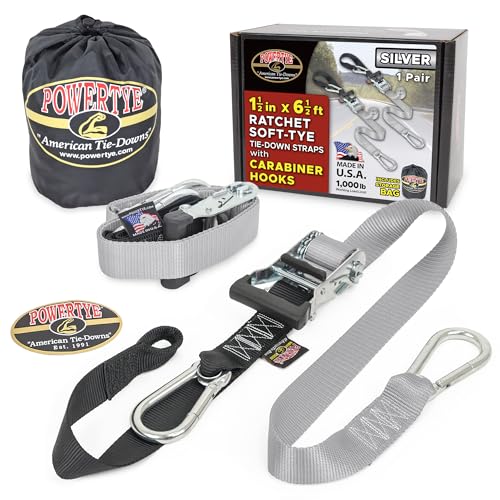PowerTye - Made in USA - Heavy Duty Ratchet Tie Down Straps with Carabiner Hooks, Soft-Tye & Storage Bag, for Motorcycle, ATV, Trailer & Cargo, 1,000 lb WLL, 1.5 inch x 6.5ft Long, Silver/Black (pair)