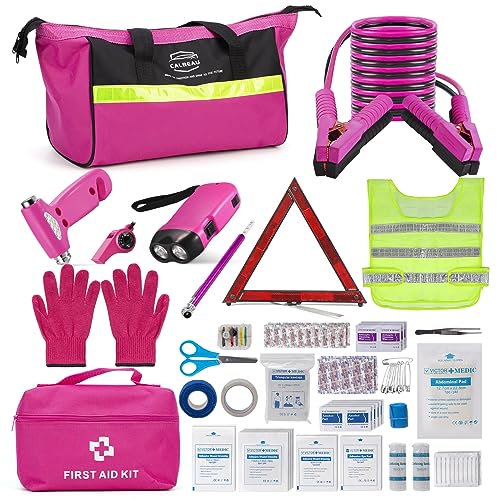 Roadside Emergency Car Kit for Vehicles, Pink Emergency Roadside Assistance kit with Car First Aid Kit, Thoughtful Car Emergency Kit for Women, Men, New Drivers and Adventurers Gifts