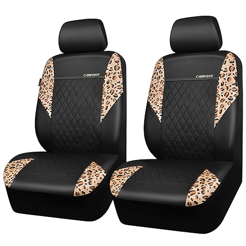 CAR PASS Leather Leopard Two Front Seat Cover Only, Universal Quilting Waterproof Deluxe PU Premium Vinyl Luxury Car Seat Cover Airbag Compatible for Most Sedan,SUV,Truck(Two Front, Brown Leopard)