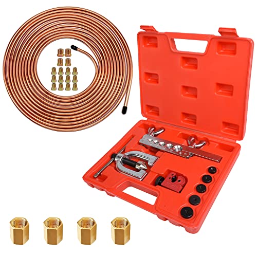 MuHize Brake Flare Tool Kit - Upgraded 1/4 Inch Brake Repair Kit (25 Feet), Corrosion Resistant Copper Brake Tubing + Flaring Tool, 16 Braking Fittings & 4 Unions