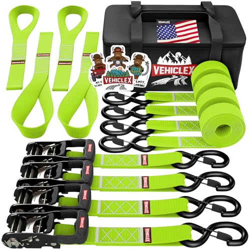 Vehiclex Motorcycle Ratchet Tie Down Straps with Soft Loops - 4PK Heavy Duty 1.5" x 8ft Kit, 4,400 lb Breaking Strength for Powersports, Green