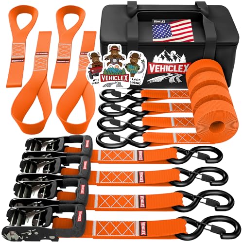 Vehiclex Motorcycle Ratchet Tie Down Straps with Soft Loops - 4PK Heavy Duty 1.5" x 8ft Kit, 4,400 lb Breaking Strength for Powersports, Orange
