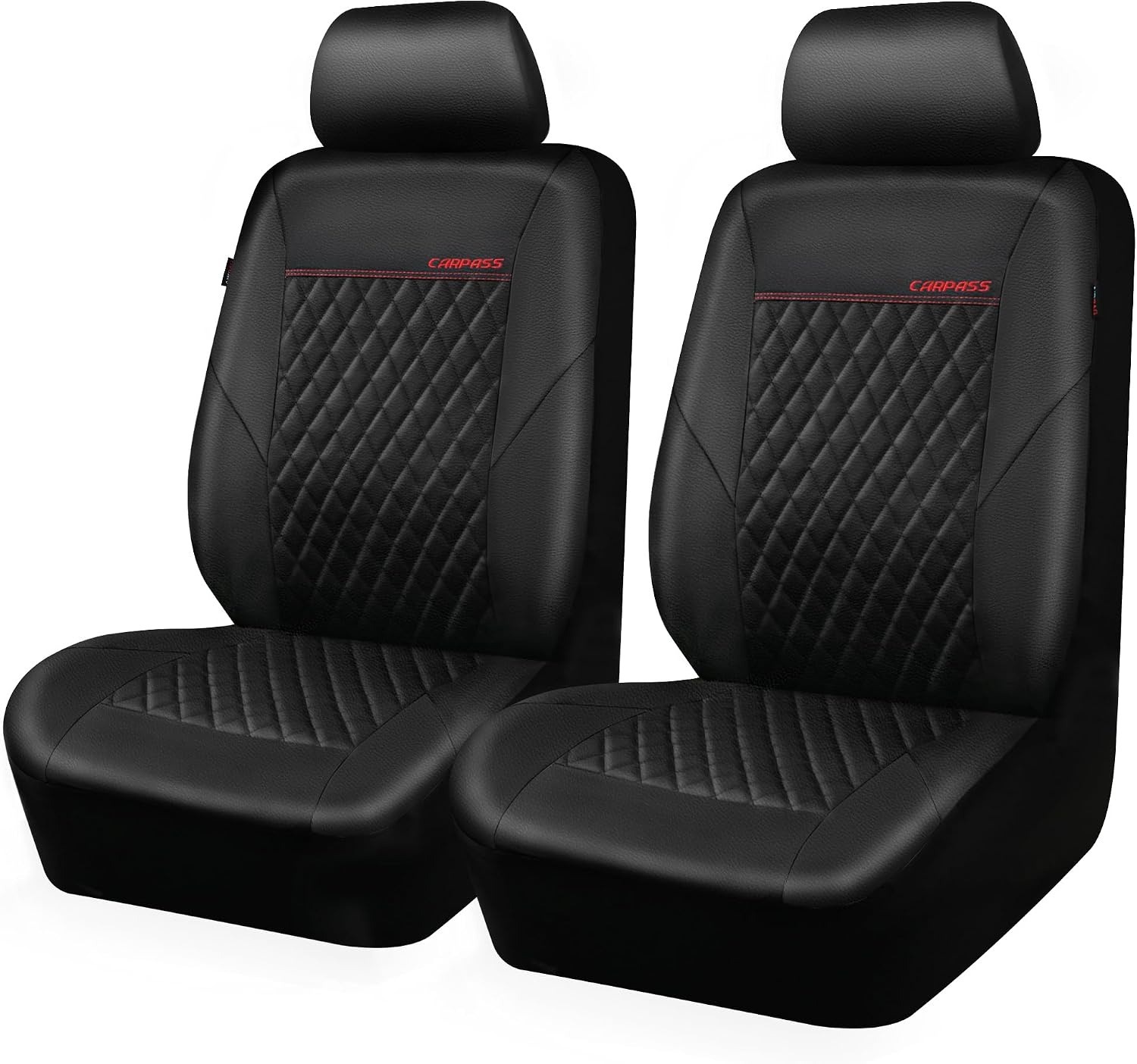 CAR PASS Quilting Leather Seat Cover Two Front Seats Only, Universal Fit Automotive Front Seat Covers Waterproof Deluxe PU Premium Vinyl Luxury for Cars Sedan Van SUV Airbag Compatible 2 Pieces,Black