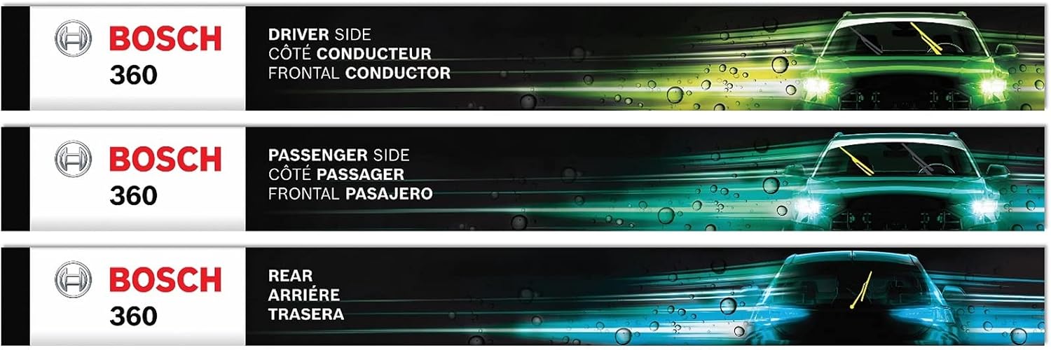 BOSCH B36005 360 Complete Vehicle Wiper Blade Replacement - Includes Front Beam Blades (Pair) + Rear Wiper Blade (1) - 28"/28"/11"