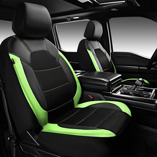 CAR PASS Leather Car Seat Covers Front Seats only, with Air Mesh Front Seat Covers Breathable, Cool Automotive Seat Covers 2 Pack, Universal Fit Most Cars,SUV,Truck,Van Airbag Compatible(Black Green)