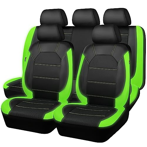 CAR PASS Luminous Green Leather seat Covers Universal Sport car seat Cover, 5mm Composite Sponge Inside, Airbag Compatible fits Most Cars, SUVs,Trucks,Vans (Full Set,Black with Green)
