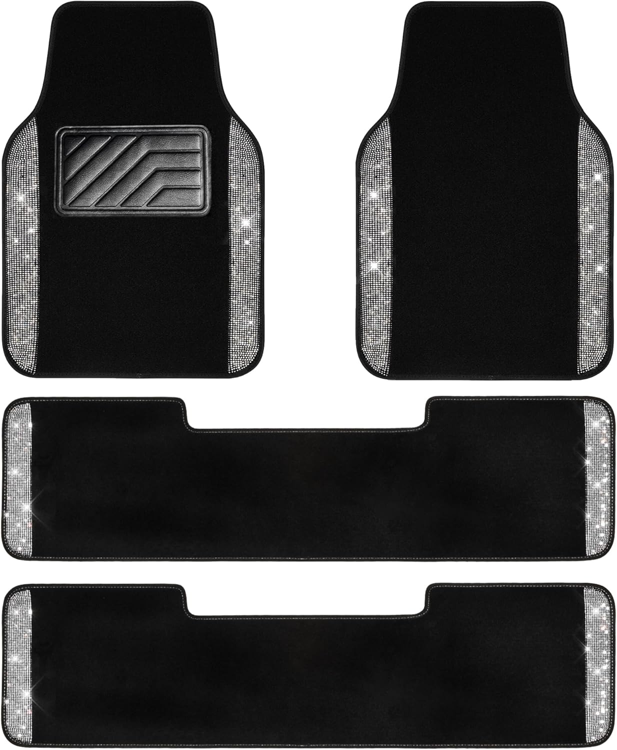 CAR PASS 3 Row Bling Diamond Car Mats Shining Carpet Rhinestones Sparkly Glitter Floor Mats Anti-Slip PVC Heel Pad Universal for Automotive SUV,Sedan,Van, 3rd Row 2 Rear for Girl Women, Black Silver