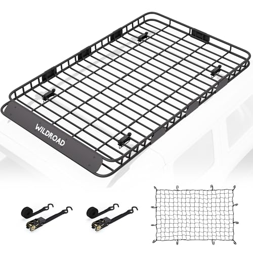 Wildroad Roof Rack Cargo Basket, Upgraded 4 Fence Wide Car Roof Basket, 84"x 50"x 4" Universal Car Top Carrier Basket with Super Duty Bungee Cargo Net and Ratchet Straps Fits for SUV Truck Cars