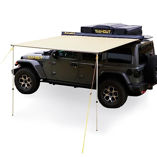 Vehicle Awning, 8.2ft x 8.2ft, Rooftop Pullout Ripstop UPF50+ Side Awning, Reinforced Hinges & Poles for Jeep/SUV/Truck/Van