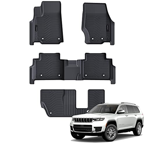 Auxko All Weather Floor Mats Fit for Jeep Grand Cherokee L 7 Seat(2nd Row Bench Seat) 2021-2024 2025 TPE Rubber Liners Accessories All Season Guard Odorless 3 Row Black