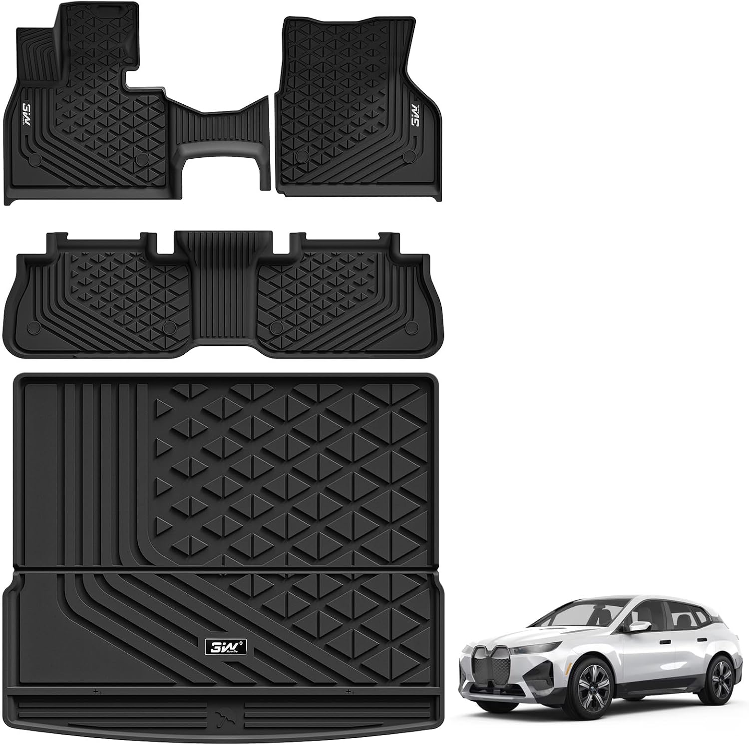 3W BMW iX Floor Mats & Cargo Liner 2022 2023 2024 2025 2026 All Weather TPE Custom Fit Floor Liner for 1st 2nd Rows and Trunk Mat Full Set Car Accessories