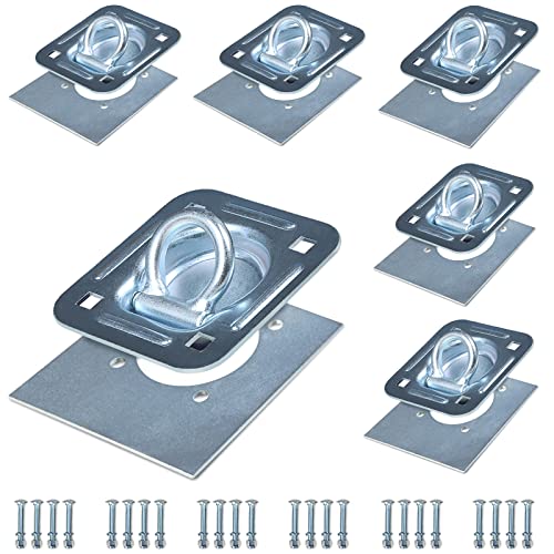 Recessed Tie Down D-Rings Anchor x 6 Pack, 6,000 lb. Capacity, Bolt-on, with Backing Support Plates, for Flatbed Trailer/Truck, Great for Securing Equipment, Cargo and Other Loads