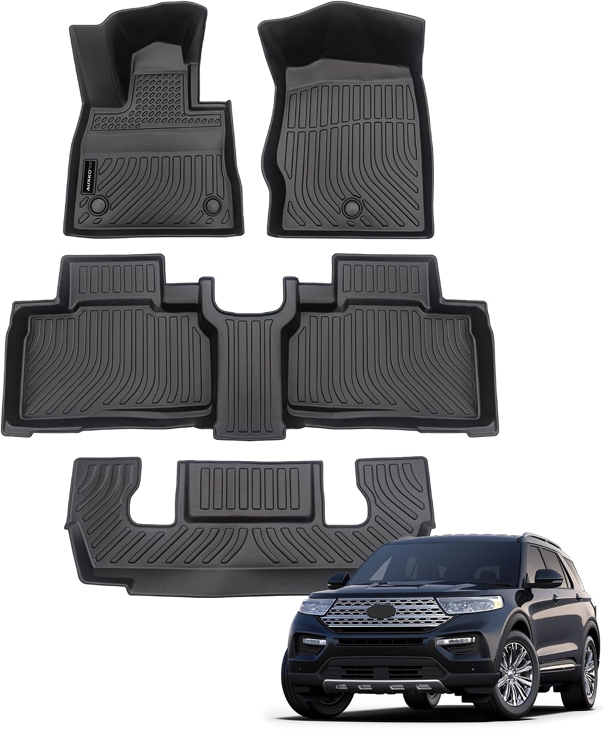 Auxko All Weather Floor Mats Fit for Ford Explorer 2020-2024 2025 6 Seat TPE Rubber Liners Set Explorer Accessories All Season Guard Odorless Anti-Slip 3 Row Floor Mats