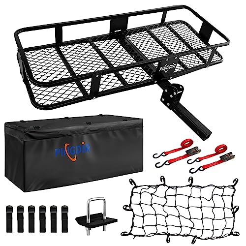 Folding Hitch Mount Cargo Carrier Hitch Rack Basket 60"*21.5"*6" Hauling Weight Capacity of 500 Lbs, Waterproof Cargo Bag 58" 19" 24", with Hitch Stabilizer,Cargo Net and Ratchet Straps