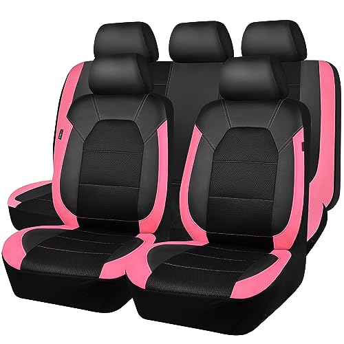 CAR PASS Leather Seat Covers, Breathable Universal Car Seat Cover Full Set for Cute Women Girly,Super 5mm Composite Sponge Inside,Airbag Compatible fits Most Auto,SUVs,Trucks,Vans(Black&Pink)