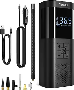 TEMOLA Tire Inflator Portable Air Compressor, Powerful Cordless Tire Inflator with LED Light, Mini Air Pump with Pressure Gauge, Accessories Essentials for Men for Car Motorcycle Bicycle