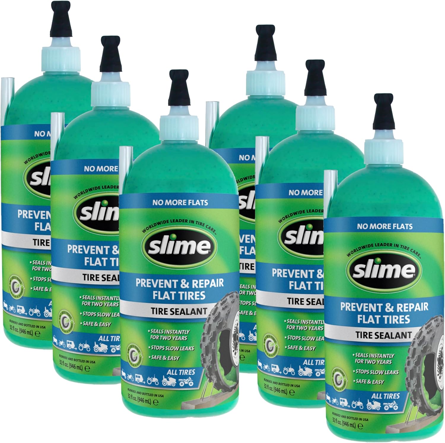 Slime 10009-6PK Flat Tire Puncture Repair Sealant, Prevent and Repair, All Off-Highway Tubeless Tires, 6 x 32 oz Bottles