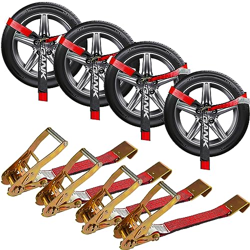Car Tie Down Straps for Trailers (4PK)  2'' X 96'' Tire Webbing with Flat Hooks for Easy Tire Securing on Cars, SUVs, Jeeps, or Sports Cars