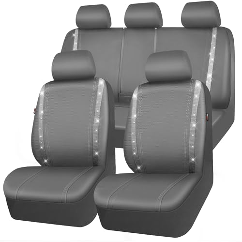CAR PASS Bling Car Seat Covers Full Set, Shining Glitter Rhinestone Diamond Waterproof Faux Leather Interior Sets Universal Fit Automotive Glitter Crystal Sparkle Strips for Cute Women Girl, Gray