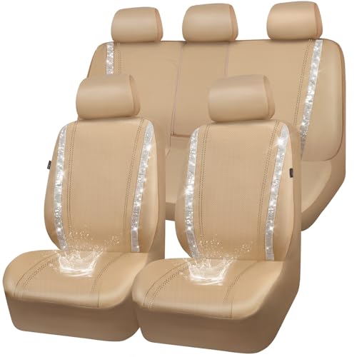 CAR PASS Bling Diamond Car Seat Covers Full Set, Shining Glitter Rhinestone Waterproof Faux Leather Interior Sets Universal Fit Automotive Glitter Crystal Sparkle Strips for Cute Women Girl, Beige