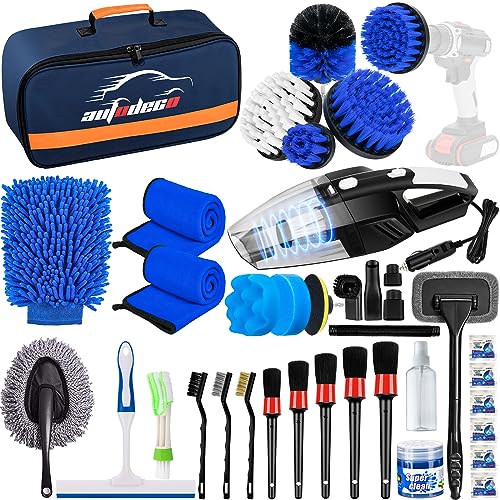 AUTODECO 37Pcs Car Detailing Brush Set, Car Detailing Kit, Auto Detailing Drill Brush Set, Car Detailing Brushes, Car Wash Cleaning Tools Kit with Car Vacuum for Interior, Exterior, Wheels, Blue