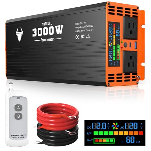 3000 Watt Power Inverter, Car/Home 12V DC to 110V AC Converter, with LED Display, Dual AC Outlets, USB Port, Dual Smart Fans, Cables Included, Suitable for Home, RV