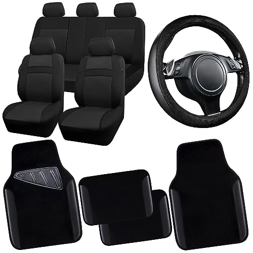 CAR PASS 3D Air Mesh Car Seat Covers Full Sets w/5mm Sponge, 4Pcs Waterproof Car Floor Mats, Steering Wheel Cover Universal Fit for SUV Sedan Truck, Airbag Compatible Automotive Interior(Black)