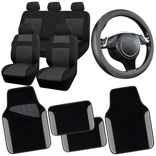 CAR PASS 3D Air Mesh Car Seat Covers Full Sets w/5mm Sponge, 4Pcs Waterproof Car Floor Mats, Steering Wheel Cover Universal Fit for SUV Sedan Truck, Airbag Compatible Automotive Interior(Black Gray)