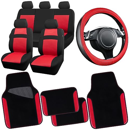 CAR PASS 3D Air Mesh Car Seat Covers Full Sets w/5mm Sponge, 4Pcs Waterproof Car Floor Mats, Steering Wheel Cover Universal Fit for SUV Sedan Truck, Airbag Compatible Automotive Interior(Black & red)