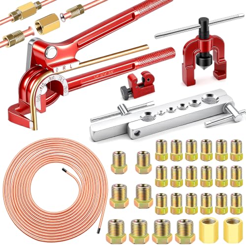 smseace 26Pack 3/16 Inch Brake line kit Include 25 FT Copper-Plated Brake Lines with Fitting(16pcs Fittings,2pcs Union+4pcs Nut) Brake line Bender,Single Flare Tool,Cutter 3/16 Inch Brake line kit