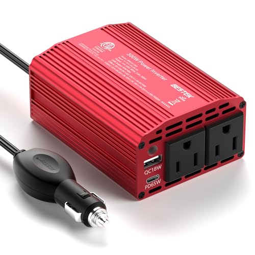 BESTEK 300W Car Power Inverter with 65W USB-C and QC3.0 Ports - 12V DC to 110V AC Converter for Vehicles with Multi-Protection - Red