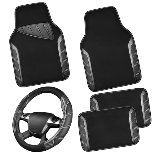 CAR PASS Leather Steering Wheel Cover and Waterproof Car Floor Mats,Microfiber Universal Car Combo Fit for 95% Sedan,SUV,Cars,14.5-15inch Sporty Anti-Slip Safety Comfortable Design(Carbon Fiber Black)