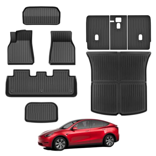 Floor Mats for 2021-2024 Tesla Model Y, 9PCS All Weather Full Set Cargo Liners Accessories, 3D TPE Odorless Trunk Frunk Rear Well Mats Custom for 5-Seater