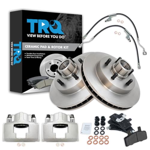 TRQ Front Brake Pad & Rotor Kit Brake Caliper Brake Hose Brake Pads Brake Rotor Semi-Metallic Compatible with 1995-1999 Chevrolet C1500 1992-1999 C1500 Suburban 1995-1997 Tahoe GMC Yukon