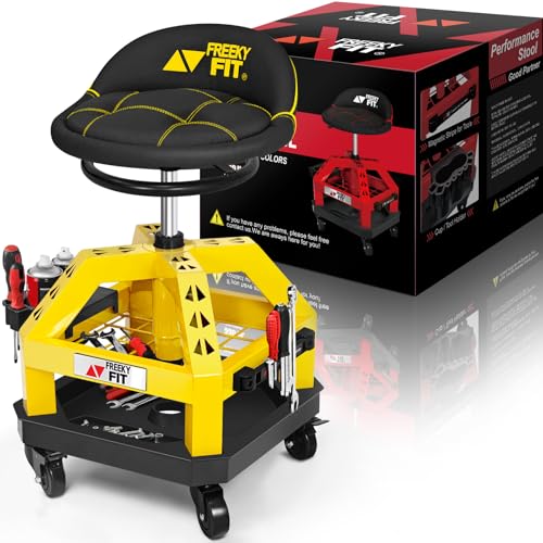 Rolling Shop Stool for Garage with Casters, DO02-Adjustable Height 360 Swivel Shop Seat with Tool Tray Storage, 330 LBS Capacity Padded Mechanic Stool, Magnetic Tool Hold, Heavy Duty,Yellow
