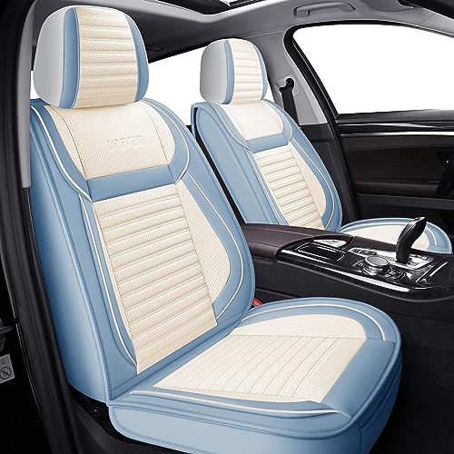 LINGVIDO Car Seat Covers, Breathable and Waterproof Faux Leather Automotive Seat Covers for Cars SUV Truck Sedan,Universal Anti-Slip Seat Cover with Backrest (Front Seat, White & Light Blue)