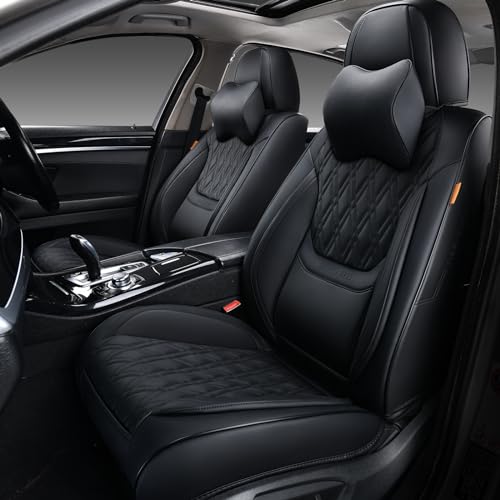 Black Car Seat Covers Front Pair, Breathable Leather Automotive Front Seat Covers with Headrest, Universal Automotive Vehicle Seat Cover for Most Sedan SUV Pick-up Trucks
