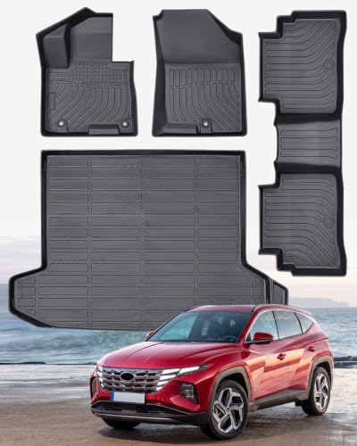 Weather Liner Floor Mats for Hyundai Tucson 2025 2024 2023 2022 (Excluding Hybrid & PHEV) Custom Fit TPE All Weather Liner Set for Interior Protection: Heavy Duty Front, Rear, Trunk Mats