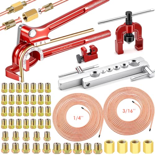 smseace 55Pack 3/16 Inch+1/4 Inch Brake line kit Include 25 FT Copper-Plated Brake Lines with Fitting(32pcs Fittings,4pcs Union+8pcs Nut) Brake line Bender,Single Flare Tool,Cutter Brake line kit