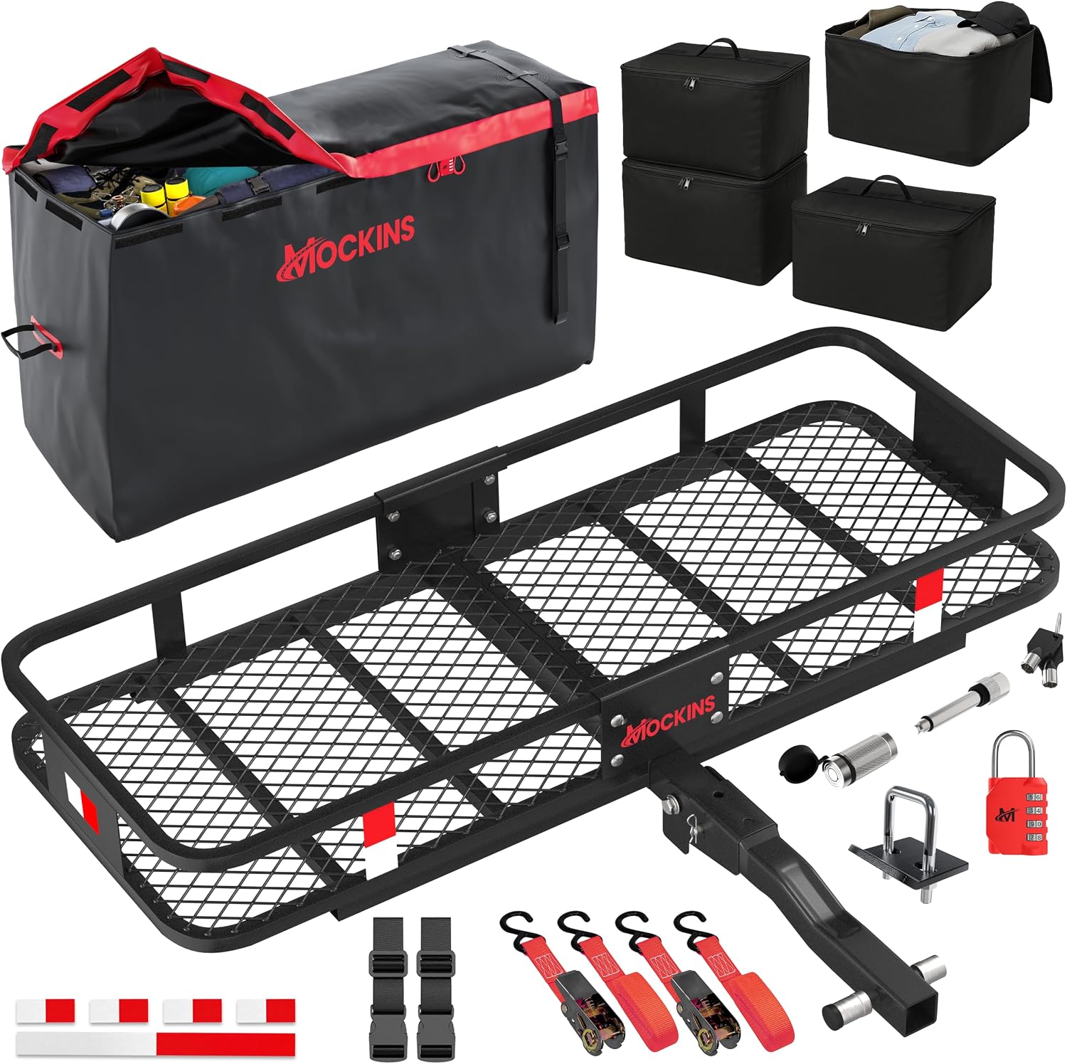 Mockins 48"x18"x6" Folding Hitch Cargo Carrier & 15 CuFt Waterproof Cargo Bag for Truck Bed w/ 4 Packing Cubes | Weatherproof 500 lbs Cap Car Trailer Hitch Rack for SUV, Truck, Van & RV w/Accessories