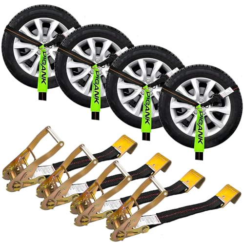 Wheel Tie Down Straps (4PK)  2'' X 96'' Webbing with Flat Hooks for Easy Tire Hauling on Trailers, Cars, SUVs, and Sports Vehicles