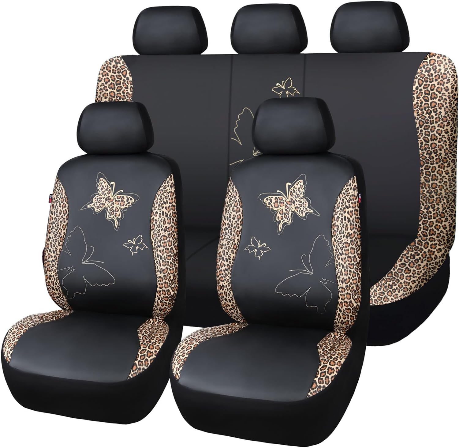 Flying Banner Butterfly car seat Covers ful Set Fashion Universal Lady Woman Female Rear Bench Split Colorized (Full Set - Faux Leather, Leopard Brown)