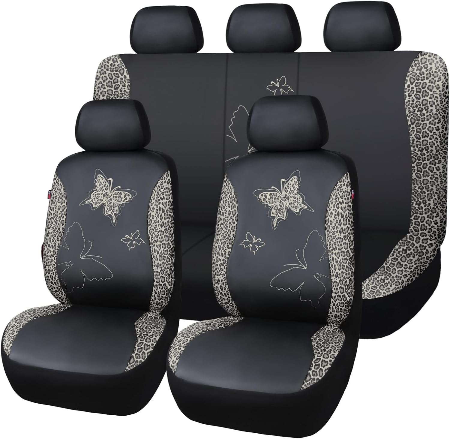 Flying Banner Butterfly car seat Covers ful Set Fashion Universal Lady Woman Female Rear Bench Split Colorized (Full Set - Faux Leather, Leopard Gray)