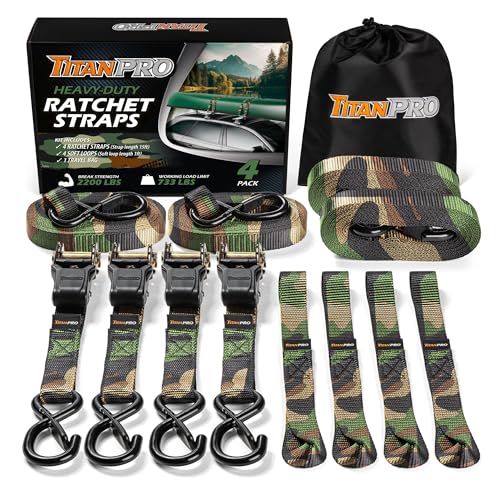 TitanPro Heavy Duty Ratchet Straps 4-Pack - 2,200lb Break Strength, 1" x 15' Rachet Tie Downs with Padded Handles - Heavy Duty, Truck, Motorcycle, Moving Straps (Camo)