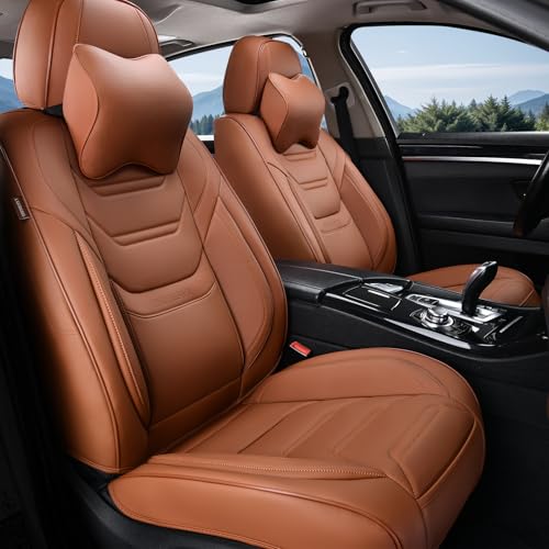 Car Seat Covers Full Set, Breathable Leather Automotive Front and Rear Seat Covers & Headrest for Reduce The Driving Fatigue, Compatible with Most Vehicles, Cars (Brown, Front Pair)